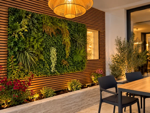 Rincón de terraza con jardín vertical y lámpara cálida